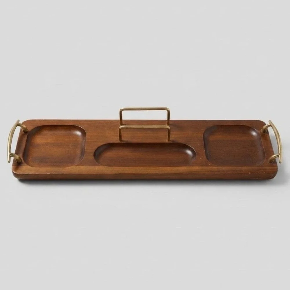 Mid Century Modern Wood Serving Tray with Brass Handles and Napkin Holder MCM